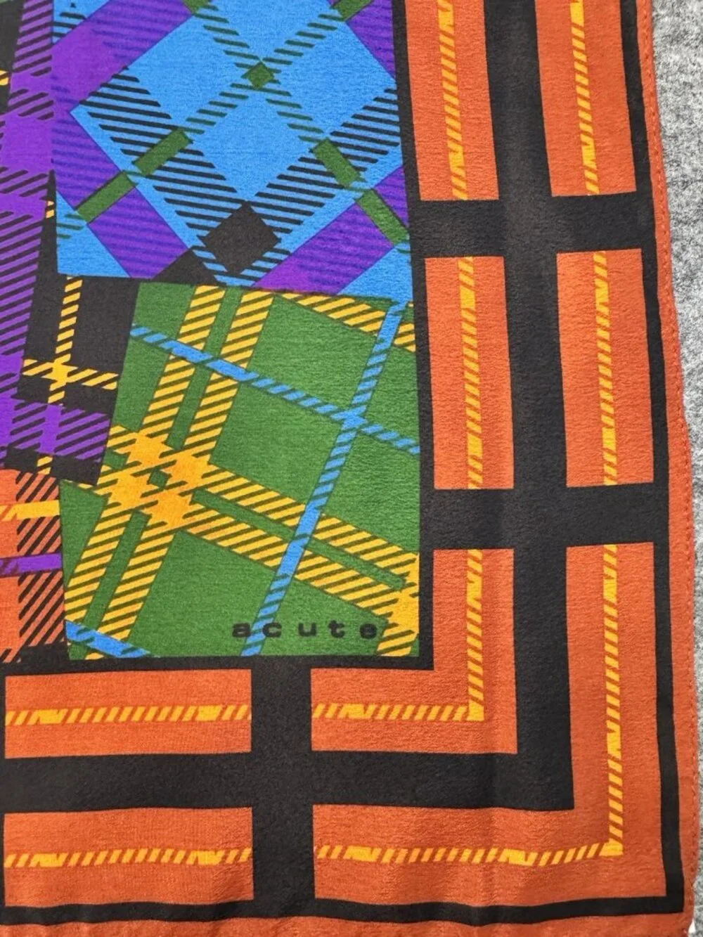 VTG Acute Scarf, Korea, 1980's, Vibrant Multi-Colored Patchwork Plaid 30